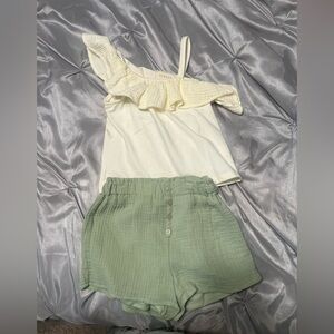 Cream Ruffle Top and Green Shorts Set